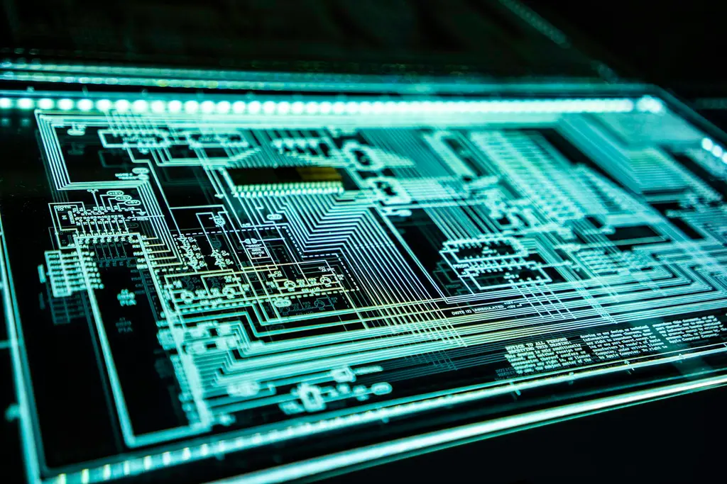 A close-up of an illuminated circuit board pattern