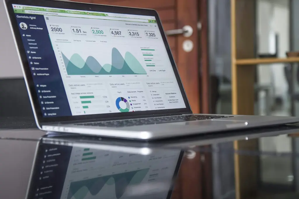 A laptop showing a website analytics dashboard with charts