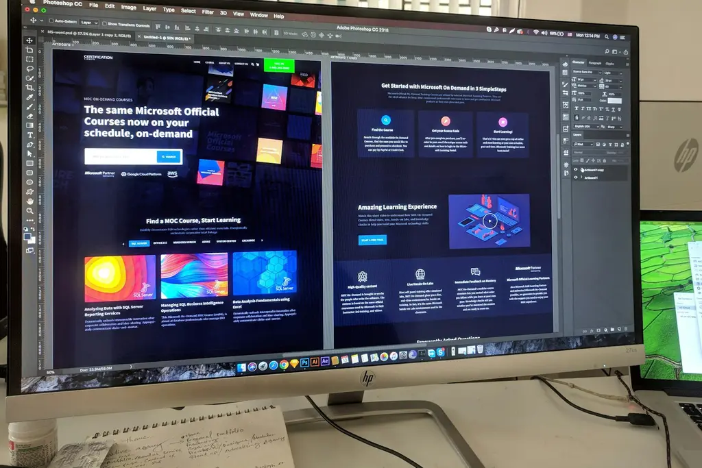 A desktop monitor showing a website design in an editing application