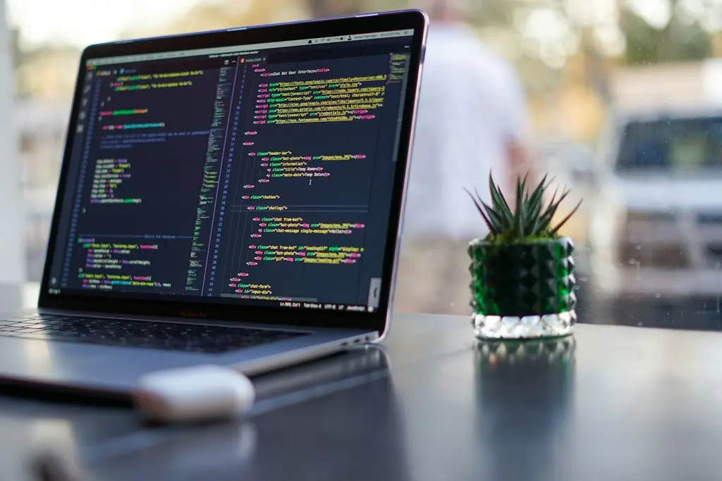 A laptop displaying code on a desk beside a small plant
